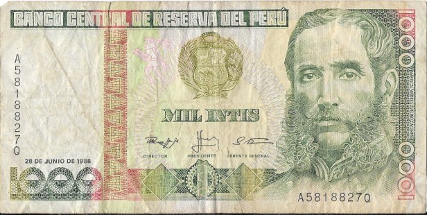 ilustrar la entrada Mil (1000) Intis General Cáceres. Perú 1988.